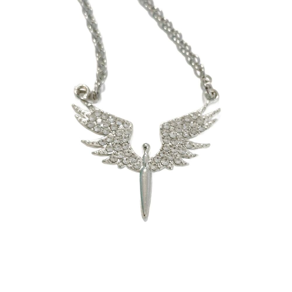 Vintage Dainty Crystal Angel Wing Necklace, Archangel, Phoenix Rising